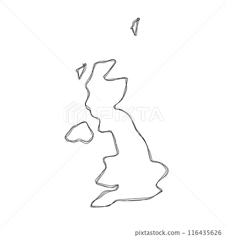 United Kingdom of Great Britain and Northern Ireland country simplified map.Thin triple pencil sketch outline isolated on white background. Simple vector icon 116435626