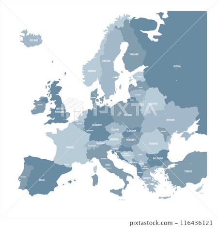 Political map of Europe. Blue colored vector map with capital cities of european countries. 116436121