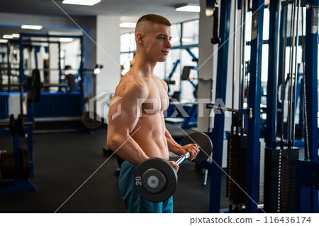 A bodybuilder performs a bicep curl exercise with a barbell in a gym 116436174