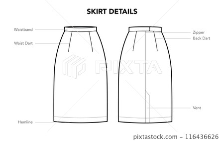 Set of Skirt Details diagram with names - zipper, Hemline styles technical fashion illustration. Flat apparel template Set of Skirt Details diagram with names - zipper, Hemline styles technical fashion illustration. Flat apparel template 116436626