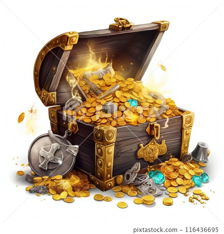 Pirate's Open Treasure Trove Isolated on White Background. Generative ai Pirate's Open Treasure Trove Isolated on White Background. Generative ai 116436695