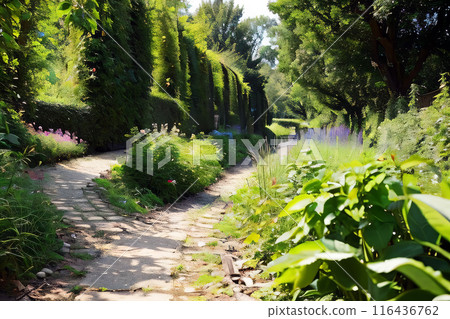 AI-generated image of a tranquil forest walk surrounded by lush trees and flowers 116436762