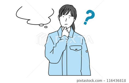 A simple illustration of a female staff member in work clothes thinking 116436818