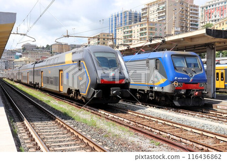 Double-decker train and electric locomotive, Genoa Central Station, Brignole Station, suburban train, Genoa, Italy Double-decker train and electric locomotive, Genoa Central Station, Brignole Station, suburban train, Genoa, Italy 116436862