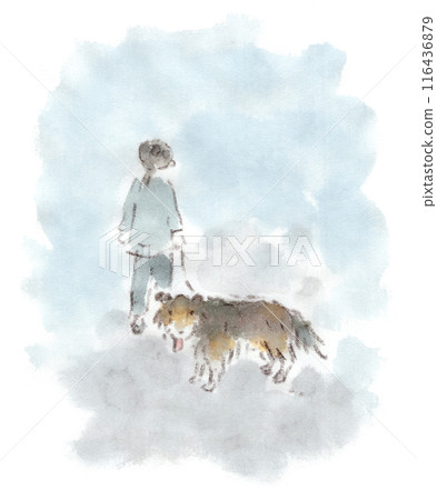 Walking a dog at night. Watercolor illustration of a collie dog who can't help but worry about what's behind him 116436879