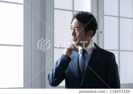 Image of a handsome executive manager or president thinking and worrying by the window, close-up profile 116437289
