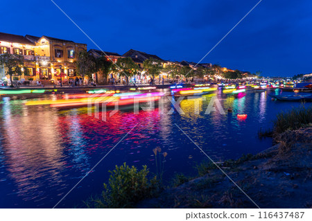 Vietnam: Night view of Hoi An, a World Heritage site that still retains the streets of a bygone era 116437487