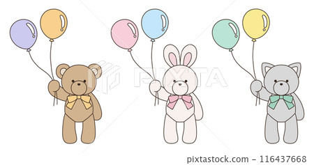 Vector illustration set of cute bear, rabbit and cat stuffed animals with ribbons holding balloons Icon Vector illustration set of cute bear, rabbit and cat stuffed animals with ribbons holding balloons Icon 116437668