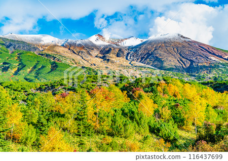 Hokkaido: Snow-capped Mount Tokachi and autumn leaves - From Bougakudai Hokkaido: Snow-capped Mount Tokachi and autumn leaves - From Bougakudai 116437699