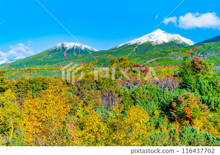 Hokkaido: Snow-capped Mount Tokachi and autumn leaves - From Bougakudai 116437702