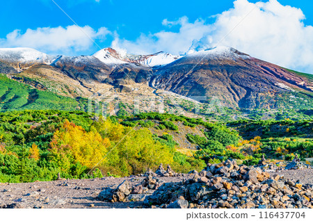 Hokkaido: Snow-capped Mount Tokachi and autumn leaves - From Bougakudai 116437704