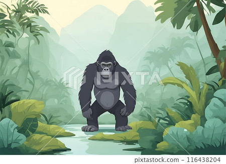 Giant gorilla in the dense jungle habitat.Cartoon Abstract art.AI Generated 116438204