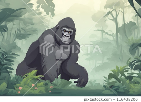 Giant gorilla in the dense jungle habitat.Cartoon Abstract art.AI Generated 116438206