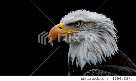 黑色背景上雄偉禿鷹臉部特寫的肖像風格逼真插圖 黑色背景上雄偉禿鷹臉部特寫的肖像風格逼真插圖 116438373