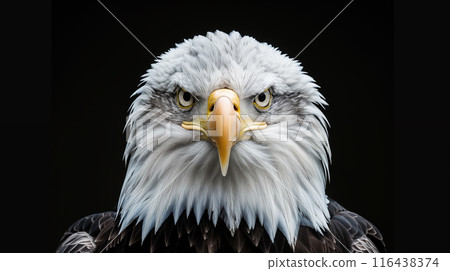 黑色背景上雄偉禿鷹臉部特寫的肖像風格逼真插圖 116438374