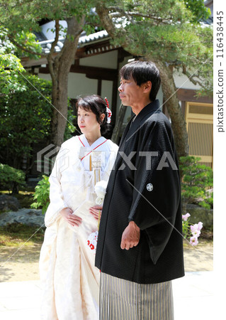 Japanese style wedding, Japanese style photo wedding, location photo shoot in white kimono and crested hakama, bridal photo 116438445