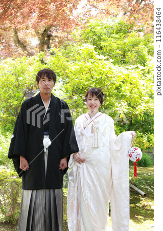 Japanese style wedding, Japanese style photo wedding, location photo shoot in white kimono and crested hakama, bridal photo Japanese style wedding, Japanese style photo wedding, location photo shoot in white kimono and crested hakama, bridal photo 116438464