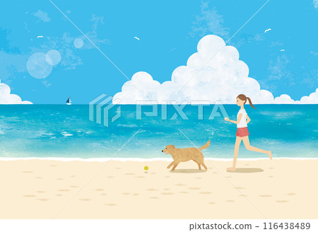 Watercolor seascape with golden retriever and woman playing on the beach 116438489