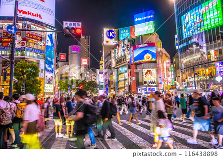 Tokyo cityscape in Japan July. Inbound tourism returns...Shibuya Scramble Crossing bustling even at night = 11th, 19:58 116438898