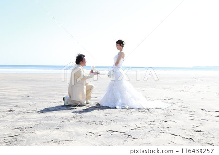 新娘穿著婚紗和新郎穿著燕尾服的照片 婚禮海上外景拍攝 新娘穿著婚紗和新郎穿著燕尾服的照片 婚禮海上外景拍攝 116439257