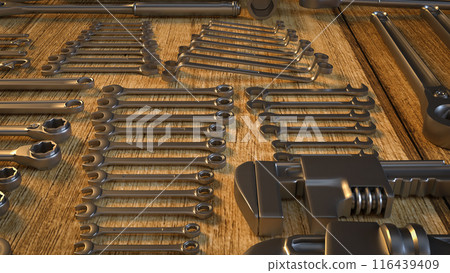 The garage tool on wood table for workshop or fix content 3d rendering. 116439409
