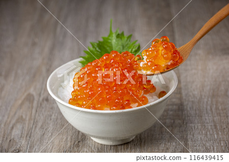 Eat rice with plenty of salmon roe on top 116439415