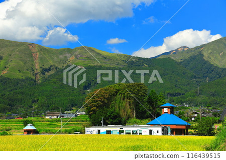 [Kumamoto Prefecture] Minami Aso Railway trolley train and Mt. Aso on a sunny day (Hakusui Kogen Station) 116439515