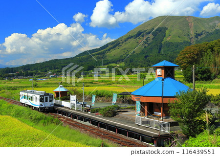 [Kumamoto Prefecture] Minami Aso Railway trolley train and Mt. Aso on a sunny day (Hakusui Kogen Station) 116439551