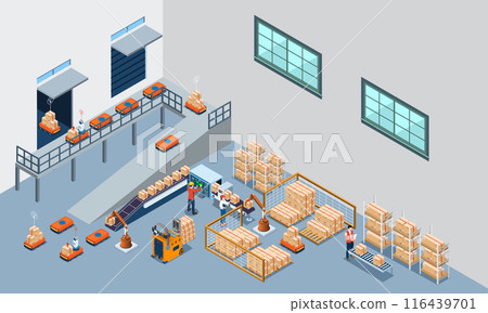Smart Warehouse Technology and Automated Warehouse Robots Concept with Automated Guided Vehicles (AGVs) and Autonomous Mobile Robots (AMRs). Vector illustration EPS 10 116439701