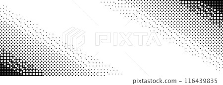 Pixelated bitmap slanted gradient texture. Oblique dither diagonal pattern background. 8 bit video game screen wallpaper. Retro glitchy pixel art illustration. Abstract vector wide dithering border 116439835