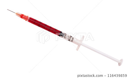 1 ml syringe filled with fake blood on white background 116439859