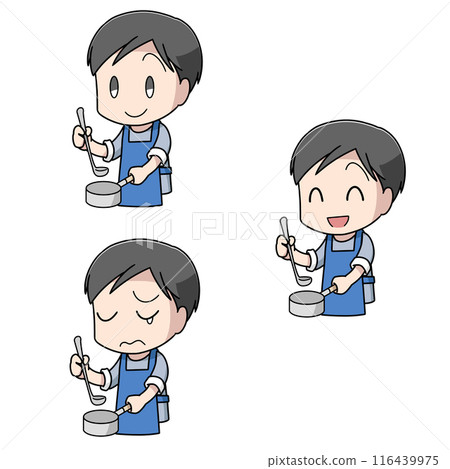 一個人一手拿著鍋子和湯匙的 3 個插圖圖案 116439975