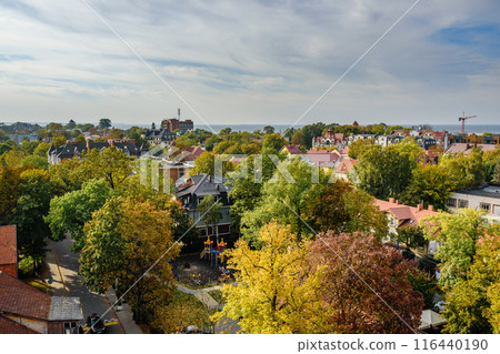 Aerial view city Zelenogradsk from observation deck of Water Tower. Russia 116440190