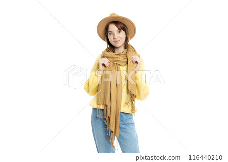 PNG, girl in a hat and a scarf, isolated on white background 116440210