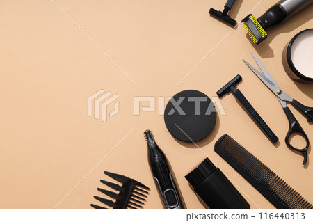 Men's shaving tools on beige background, space for text Men's shaving tools on beige background, space for text 116440313