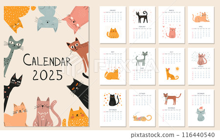 2025 Annual Calendar Layout with cute baby Doodle Cats animal. Set of 12 month vector illustration, Hand Drawn kitten character in cartoon style isolated on white background. Cover and pages design 116440540