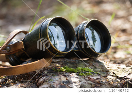 Vintage binoculars resting on mossy tree stump in forest setting Vintage binoculars resting on mossy tree stump in forest setting 116440752