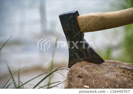 Close-up of an axe embedded in a tree stump beside a lake reflecting nature and the outdoors Close-up of an axe embedded in a tree stump beside a lake reflecting nature and the outdoors 116440767