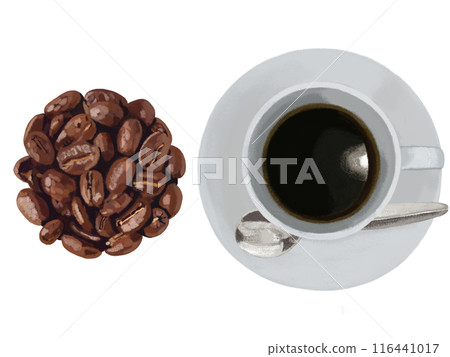 Hot coffee and coffee beans (dark roast) overhead view 116441017