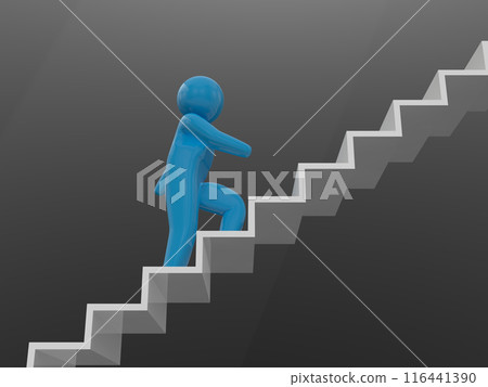 藍色人爬樓梯圖示水平黑色背景 3D 插圖 116441390