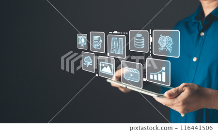 Man hold icon ai and use tablet, Marketers education, research, analyze media video streaming content creation and online marketing strategies to grow their digital business. Man hold icon ai and use tablet, Marketers education, research, analyze media video streaming content creation and online marketing strategies to grow their digital business. 116441506