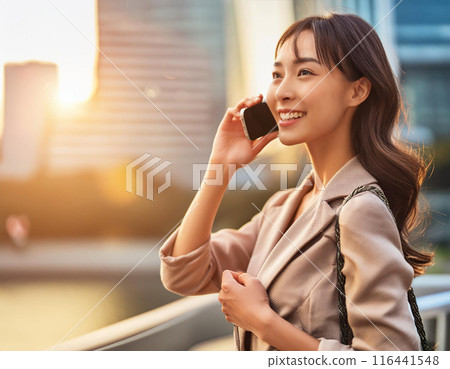 Businesswoman talking on smartphone Generative AI 116441548