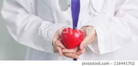Doctor hand holding red heart shape in hospital. love, donor, world heart day, world health day, CSR donation and Insurance concepts 116441702