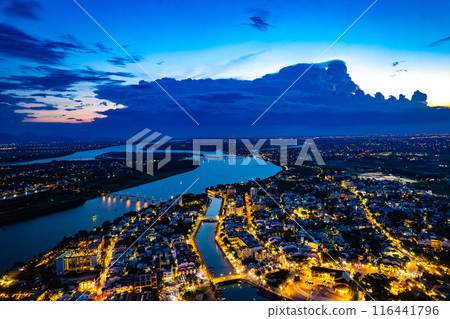 Aerial view of Hoi An Ancient Town with lantern boats on Hoai river, in Hoi An, Vietnam 116441796