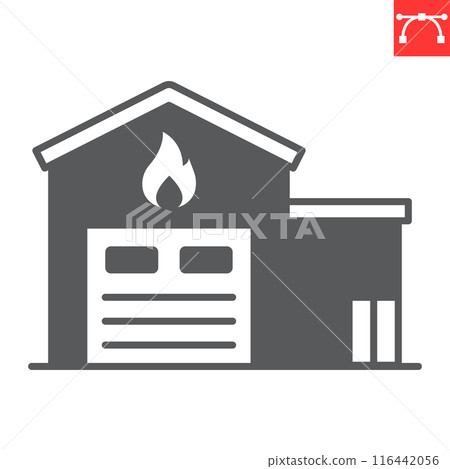 Fire station glyph icon, building and architecture, firehouse vector icon, vector graphics, editable stroke solid sign, eps 10. 116442056