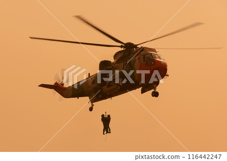 Belgian Air Force WS-61 Sea King rescue helicopter at dusk Belgian Air Force WS-61 Sea King rescue helicopter at dusk 116442247