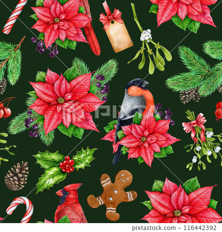 Winter time festive seamless pattern. Vintage style illustration. Hand drawn traditional Christmas decor, treats, birds, pine, mistletoe seamless pattern. Winter season bright decoration Winter time festive seamless pattern. Vintage style illustration. Hand drawn traditional Christmas decor, treats, birds, pine, mistletoe seamless pattern. Winter season bright decoration 116442392