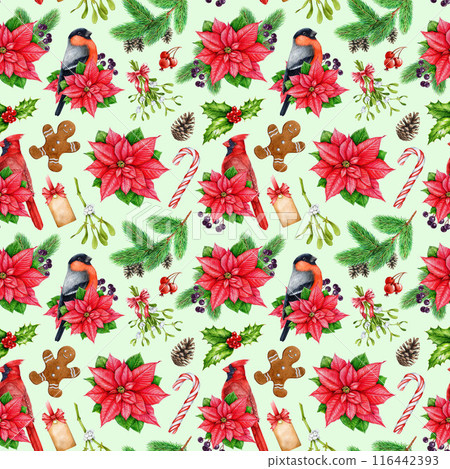 Winter time festive seamless pattern. Vintage style illustration. Hand drawn traditional Christmas decorations, treats, birds, pine, mistletoe seamless pattern. Winter season festive decoration Winter time festive seamless pattern. Vintage style illustration. Hand drawn traditional Christmas decorations, treats, birds, pine, mistletoe seamless pattern. Winter season festive decoration 116442393