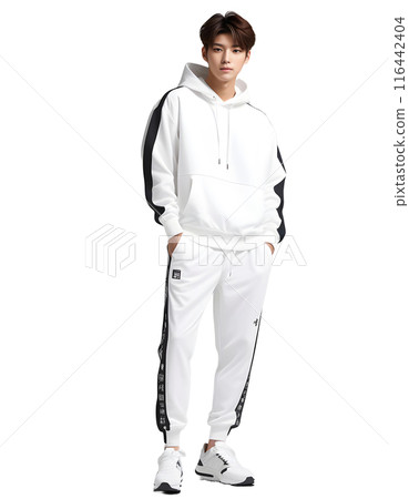 一個年輕英俊的男模特兒穿著休閒服（透明背景）的肖像，帶有 alpha 通道 AI 生成 116442404