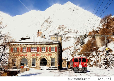 背景是一座潔白的山峰，當火車到達時，許多人下來欣賞雪山。 116442431